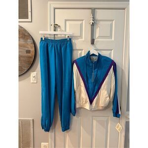 Vintage Silk Express 100% Silk Aqua White & Purple Track Suit sz S NWT